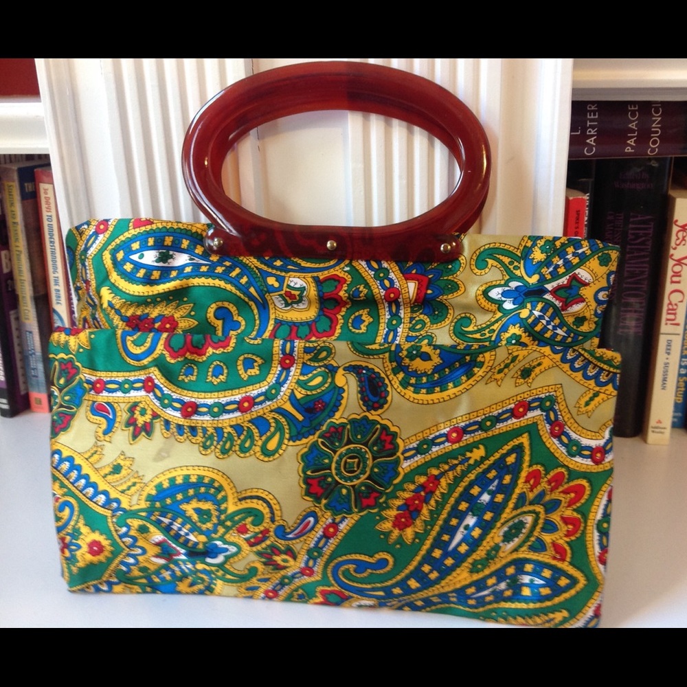 Vintage Paisley Yellow Handbag Satin Lucite Tote